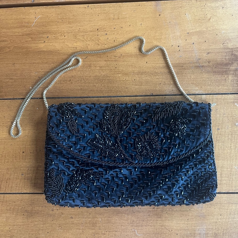 Andre Cellini vintage beaded satin lined purse, black with gold chain handle.